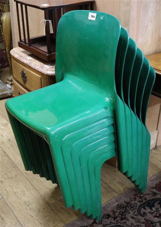 Six Artemide Selene green acrylic stacking chairs
